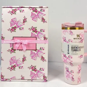 Stanley x LoveShackFancy 40oz Quencher Tumbler — Pink Bow Floral Complete Boxed Set